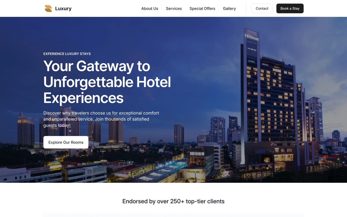 Luxury hotel landing page with a city skyline hero