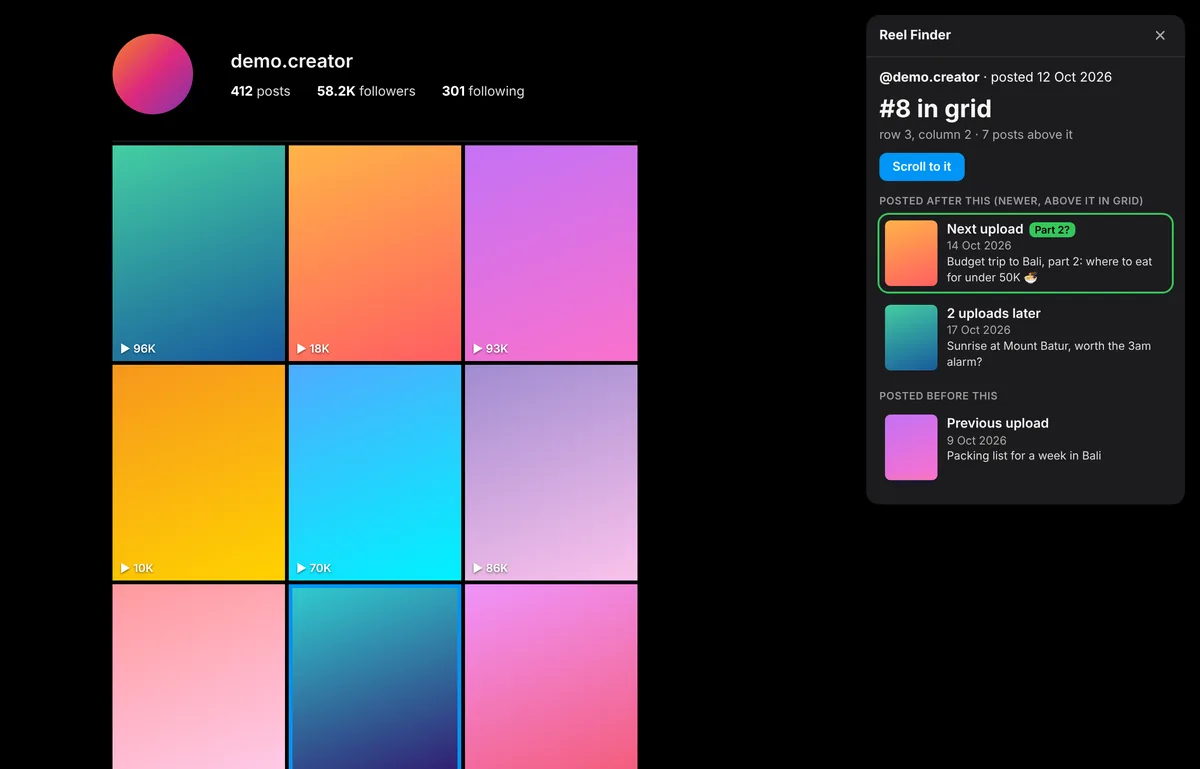 Reel Finder panel next to a profile grid, showing the reel position and the next post