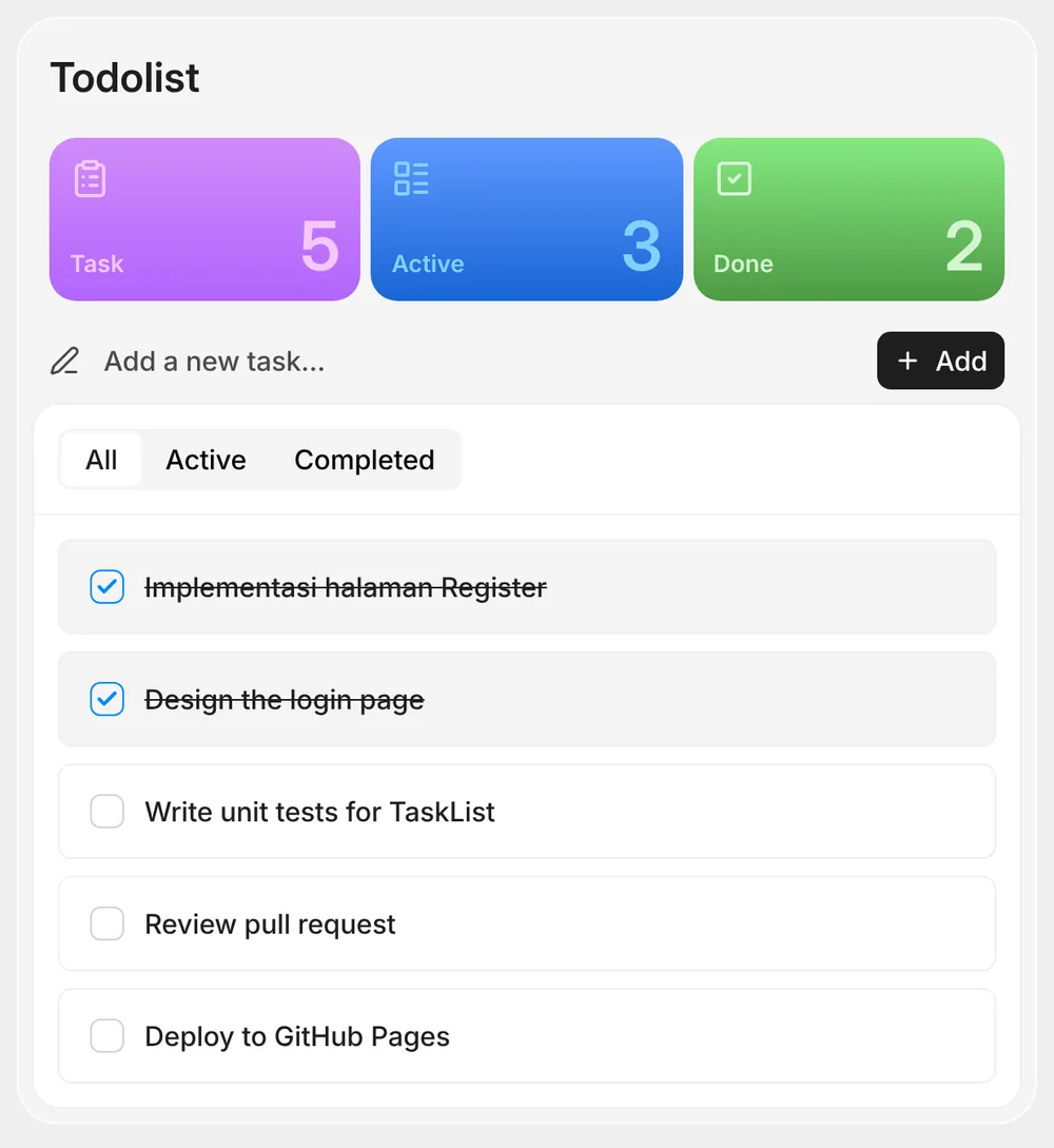To-do app with task, active and done counters and a task list